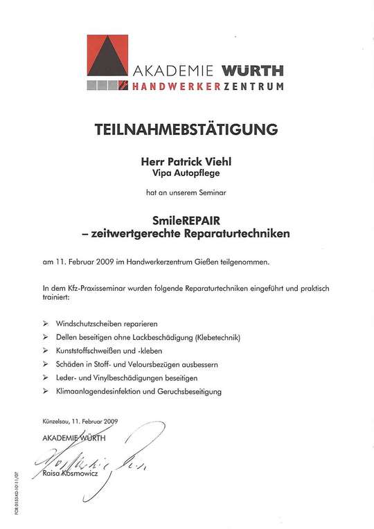 VIPA Autopflege - Würth Zertifikat